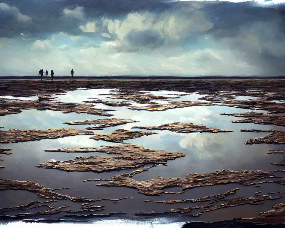 Silhouetted Figures Walking on Reflective Watery Landscape