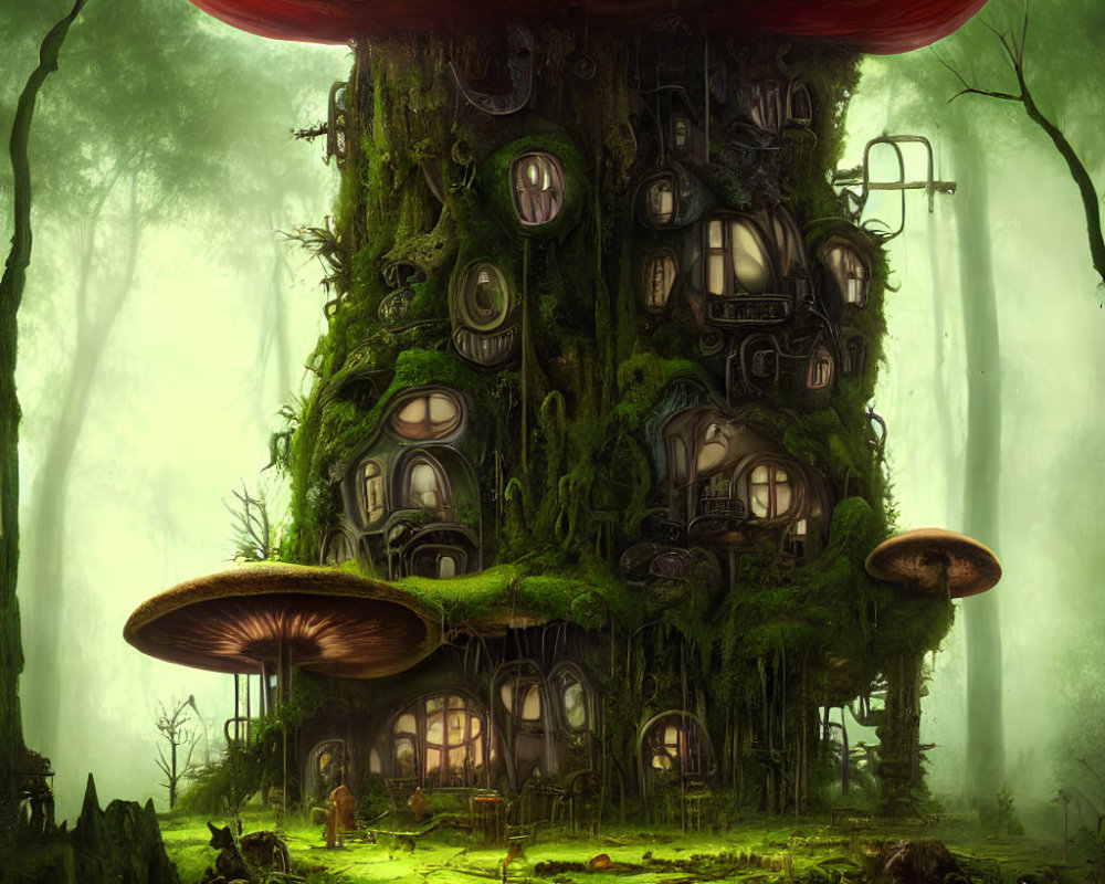 Mushroom-shaped treehouse with round windows in misty forest