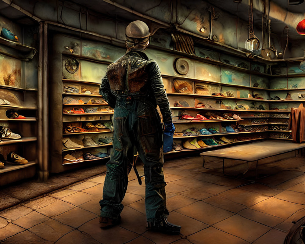 Person in Overalls Surrounded by Assorted Shoes on Wooden Shelves