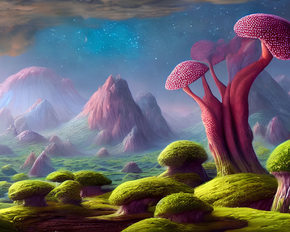 Vibrant oversized mushrooms in surreal landscape