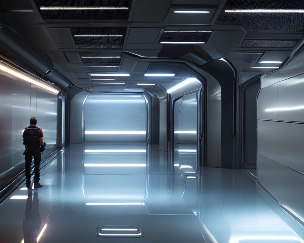 Futuristic corridor with person in dark outfit