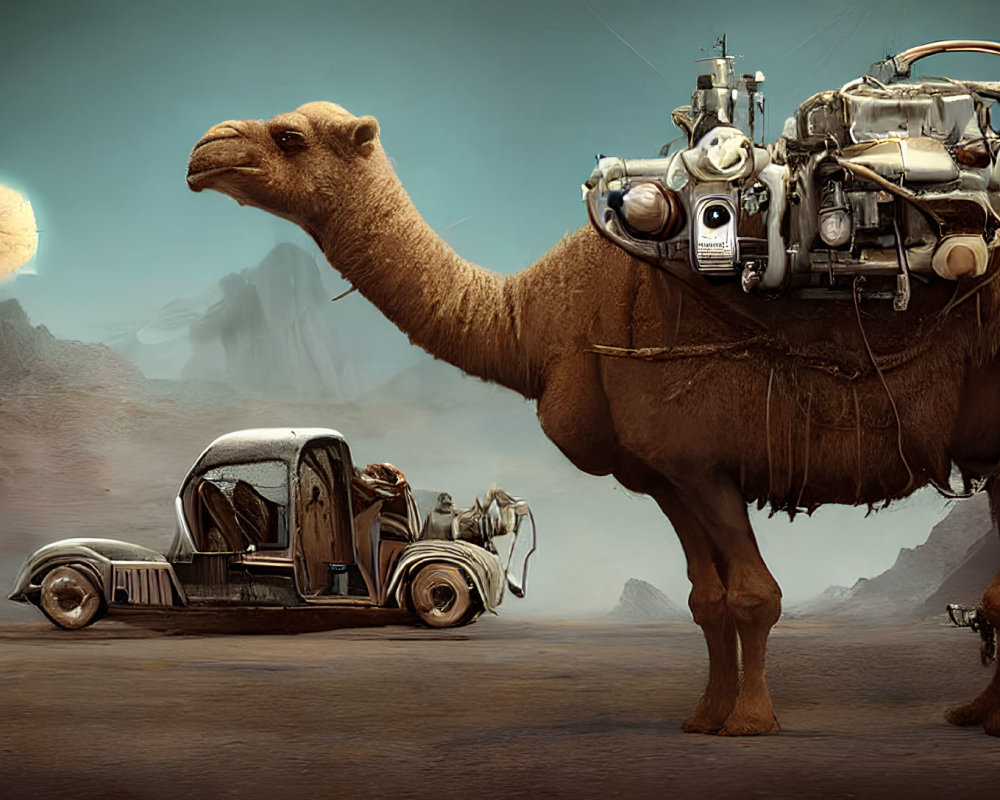 Mechanical camel and classic car under surreal moon in desert landscape