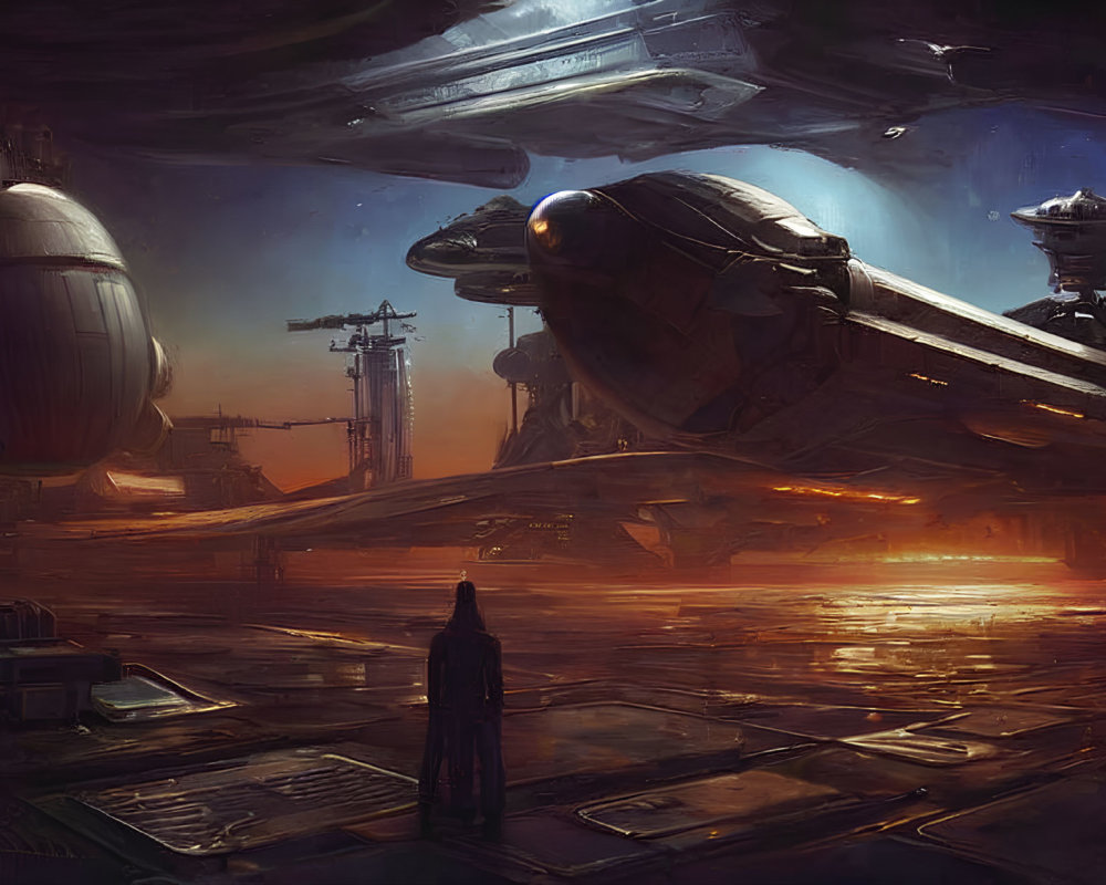 Sci-fi landscape with figure on platform and spaceships