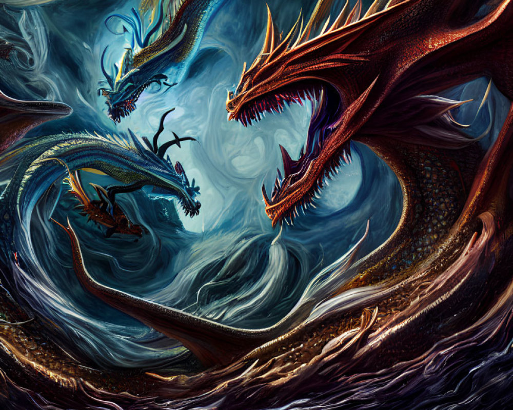 Dragon Battle Artwork with Fiery and Icy Breaths in Swirling Clouds