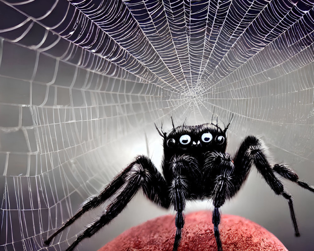 Large Hairy Spider on Rock with Shining Eyes and Web Background