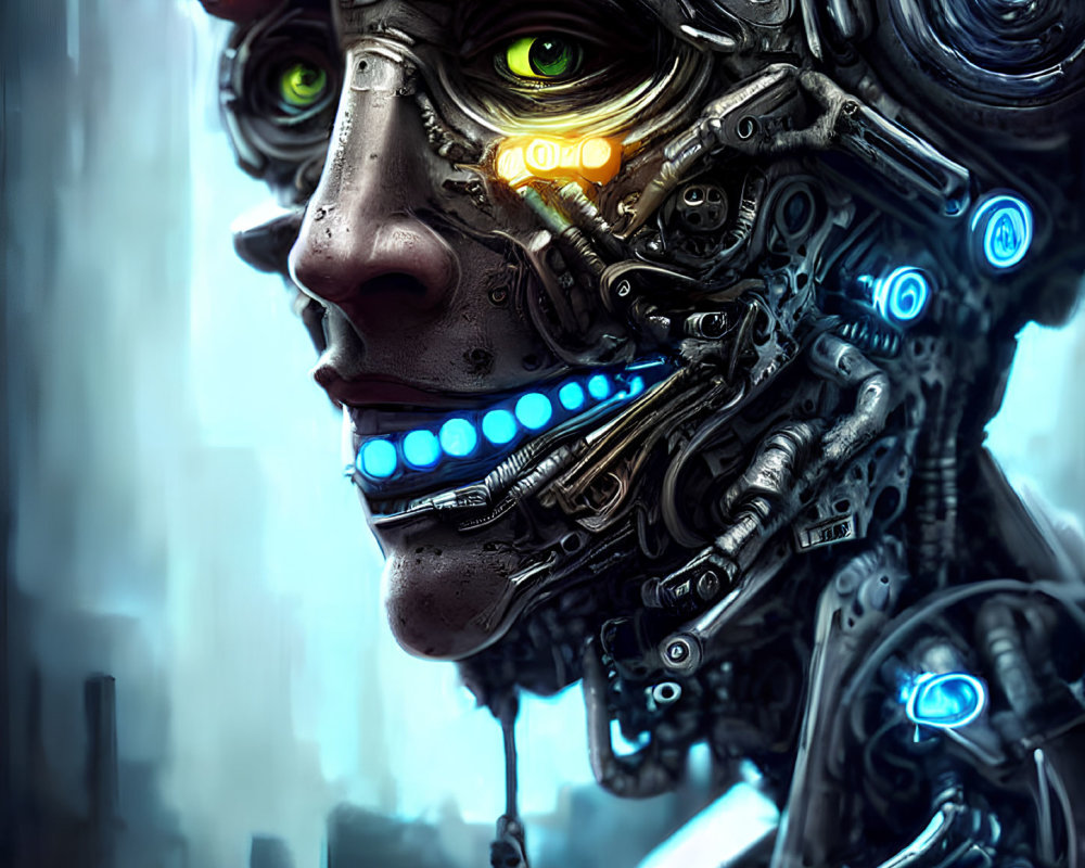 Detailed Cybernetic Face with Glowing Green Eyes and Mechanical Components