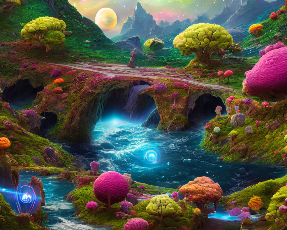 Colorful Mushroom Trees and Glowing Orbs in Mystic Fantasy Landscape