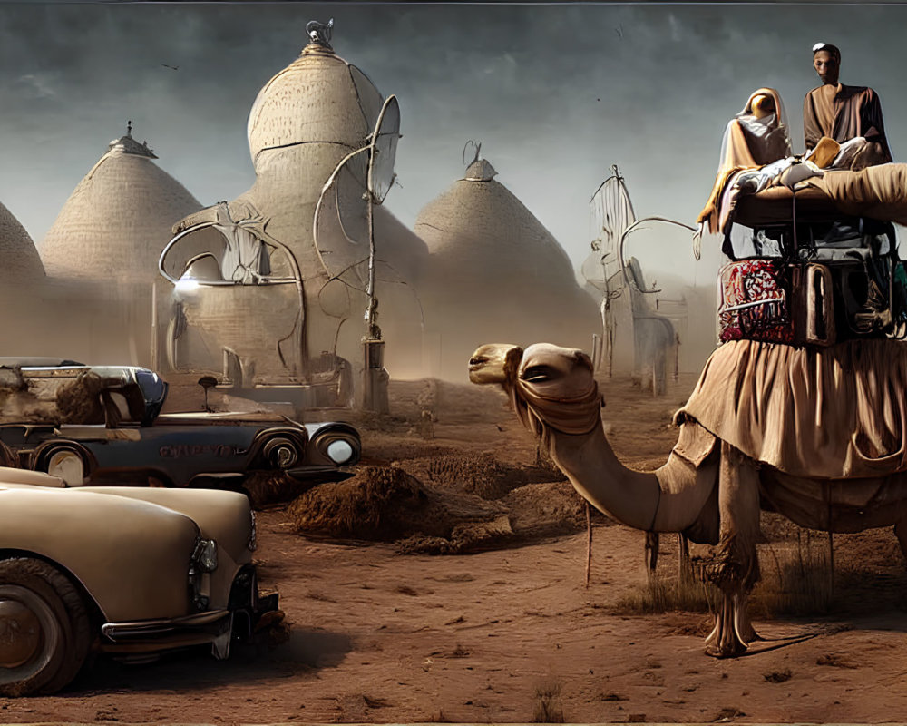 Surreal desert landscape with beehive structures, camel rider, and vintage cars