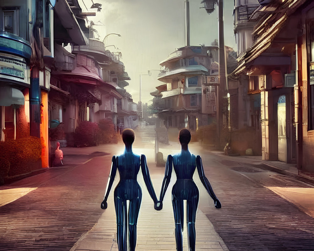 Mirrored humanoid figures stroll deserted sunlit street