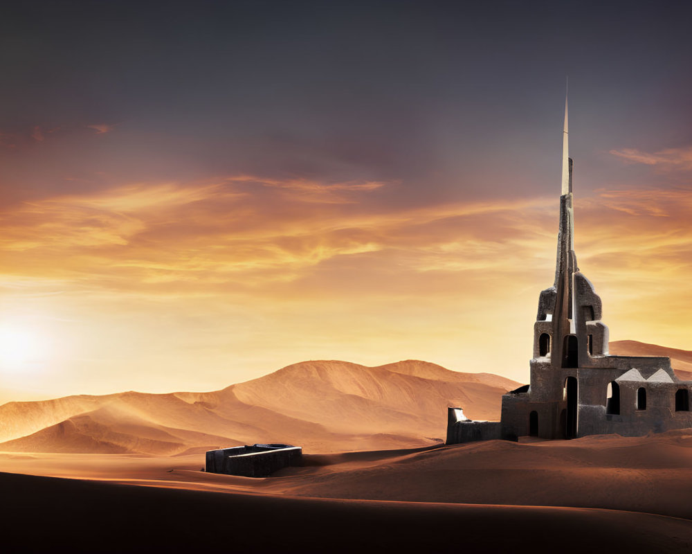 Futuristic spire building in desert sunset with palm fronds and suitcase.
