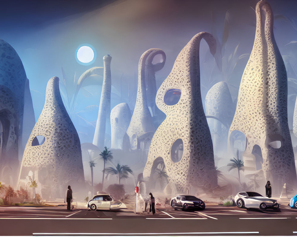 Futuristic cityscape with organic structures, palm trees, cars, pedestrians, and dual moons