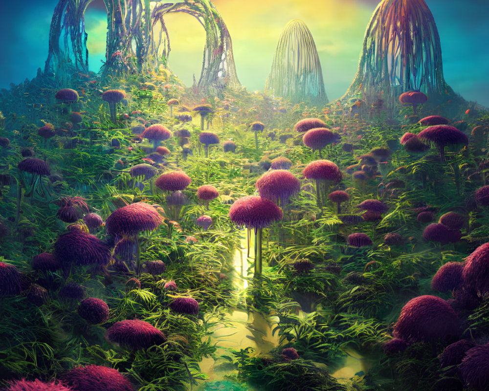 Colorful Alien Landscape with Luminescent Flora and Tentacle-like Structures