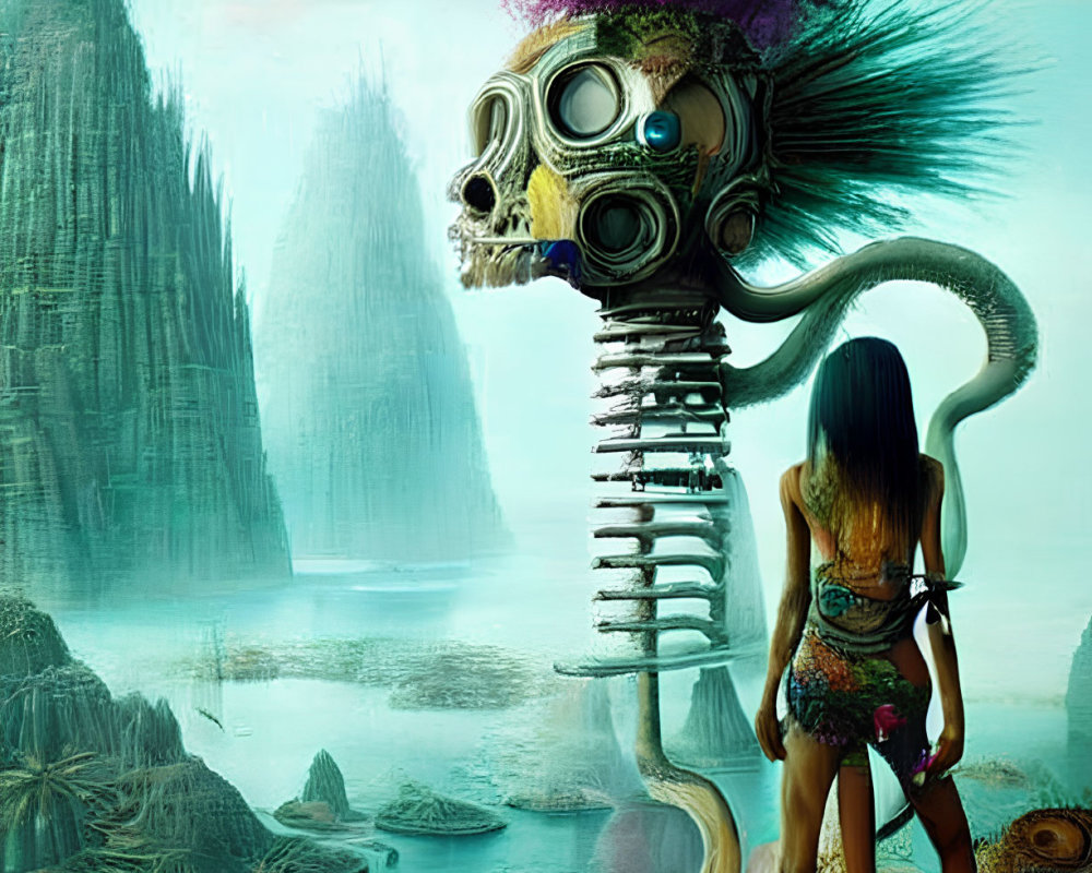 Surreal landscape with giant skull on spring and floating islands