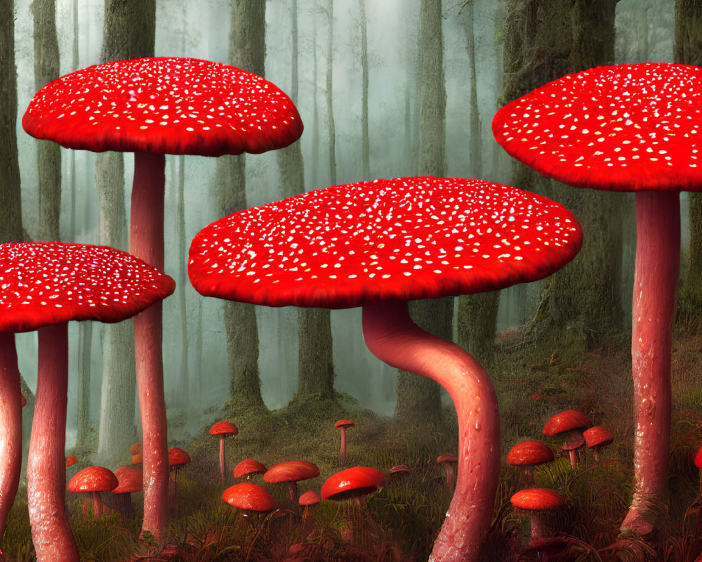 Enchanted forest scene with red-capped mushrooms