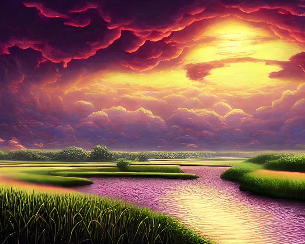 Riverside landscape with dramatic sunset sky