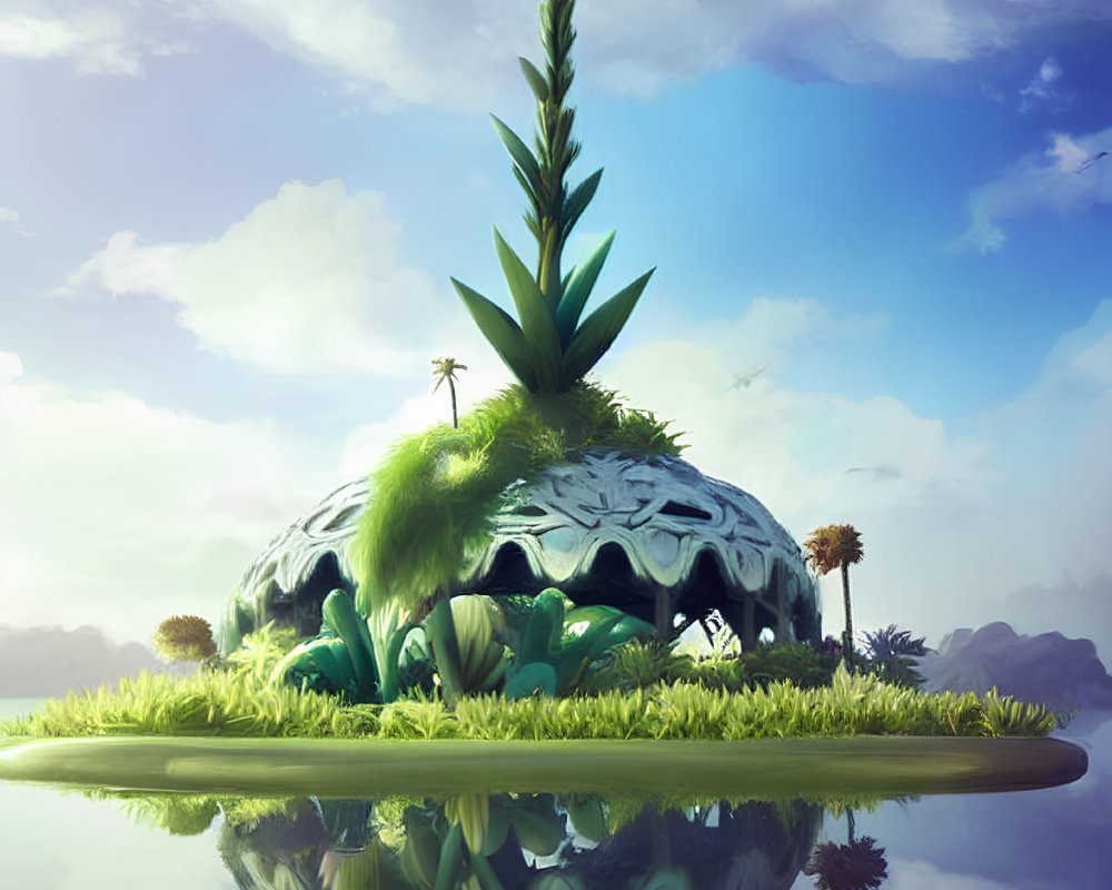 Tranquil illustration of overgrown pineapple on reflective water with mountains.