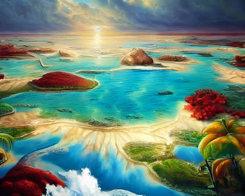 Colorful digital art landscape with person on waterfall edge