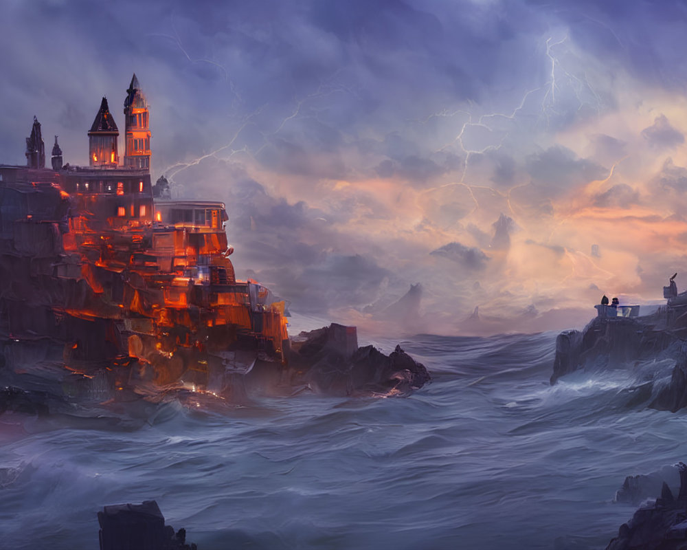 Gothic castle on rugged cliffs in stormy sea with eerie glowing windows