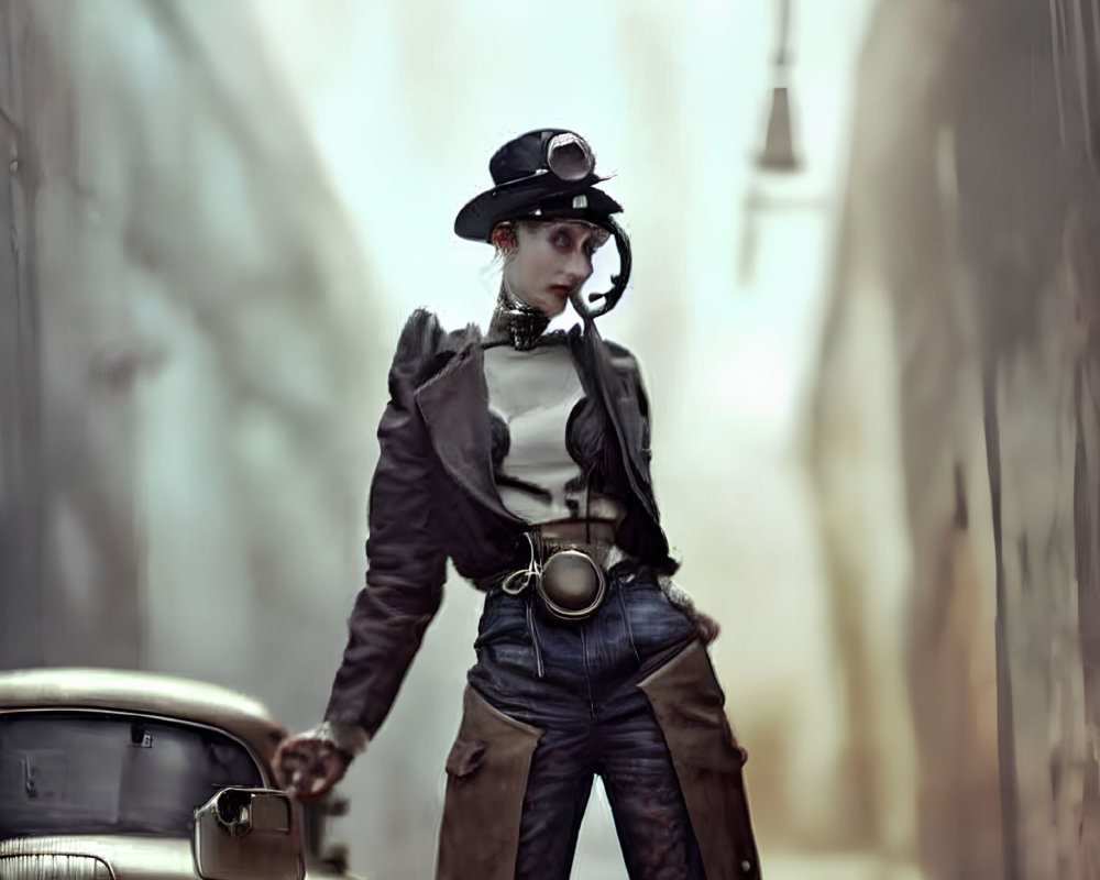 Steampunk woman in top hat and goggles next to vintage car in foggy alley