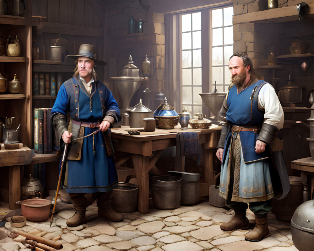 Historical Attire Men in Metal Workshop with Handcrafted Pots