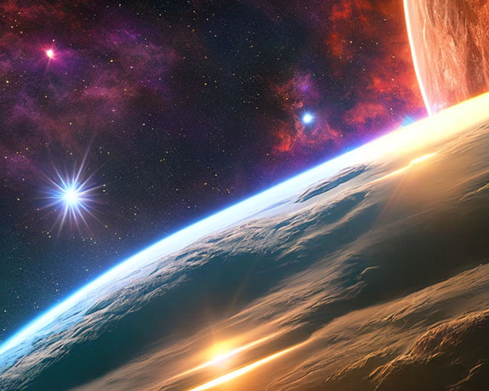 Colorful space scene: planet horizon, fiery atmosphere, stars, nebula under cosmic sky