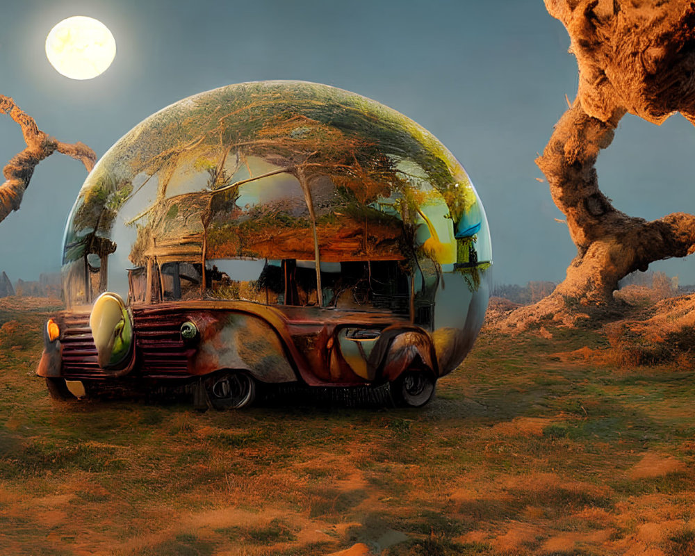 Transparent dome retro-futuristic vehicle travels through barren orange landscape