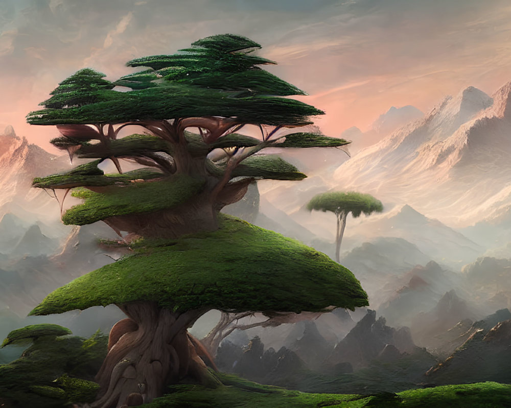 Majestic tree in mystical mountain landscape at dusk