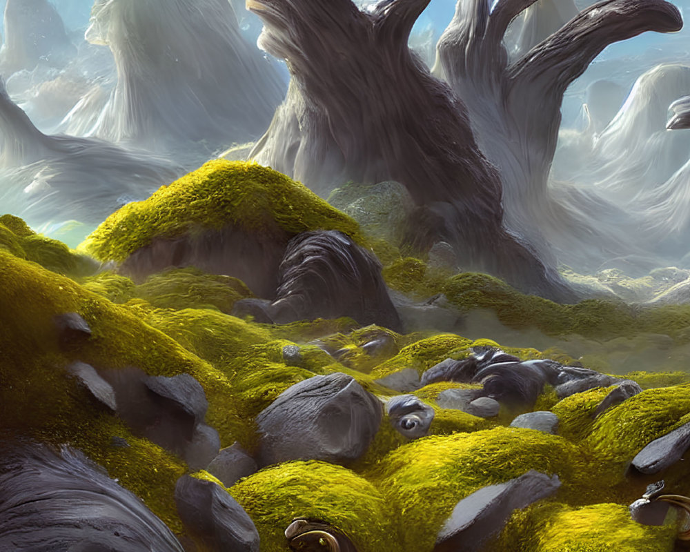 Moss-Covered Hills and Twisting Trees in a Mystical Fantasy Landscape