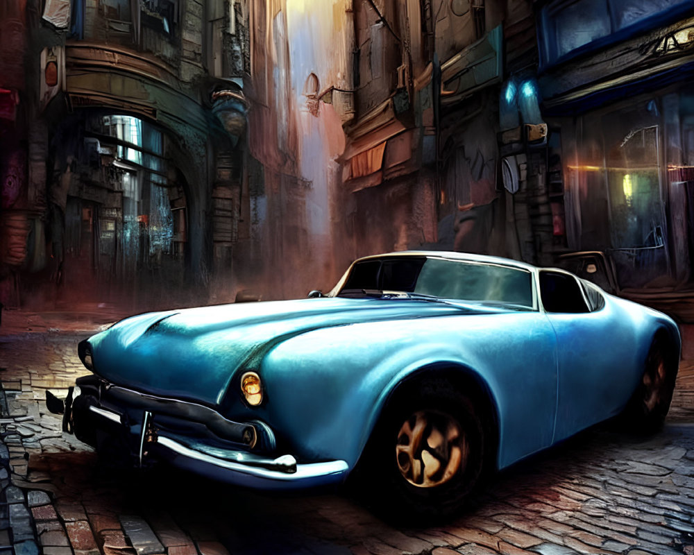 Vintage blue car in moody alley with glowing windows and retro-futuristic vibe