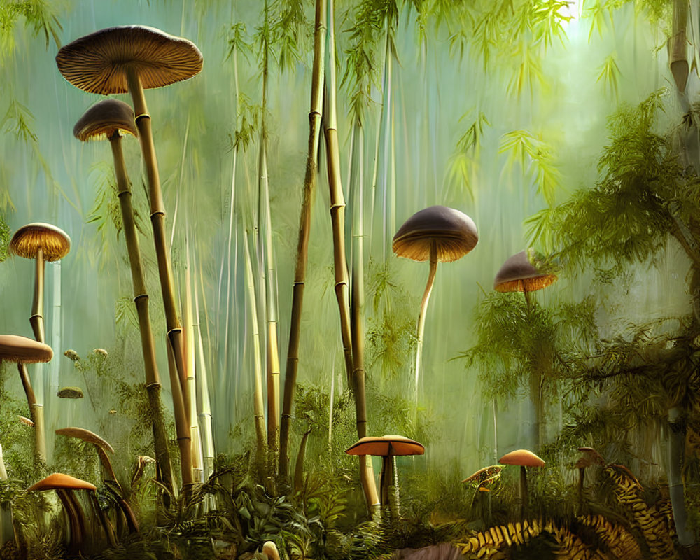 Enchanted forest with oversized mushrooms and towering bamboo