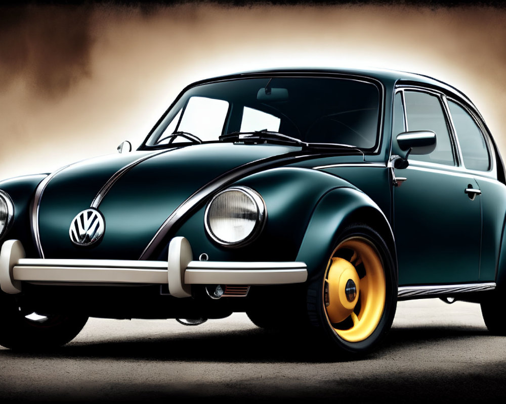 Classic Black Volkswagen Beetle with Round Headlights and Yellow-Rimmed Wheels on Sepia Background