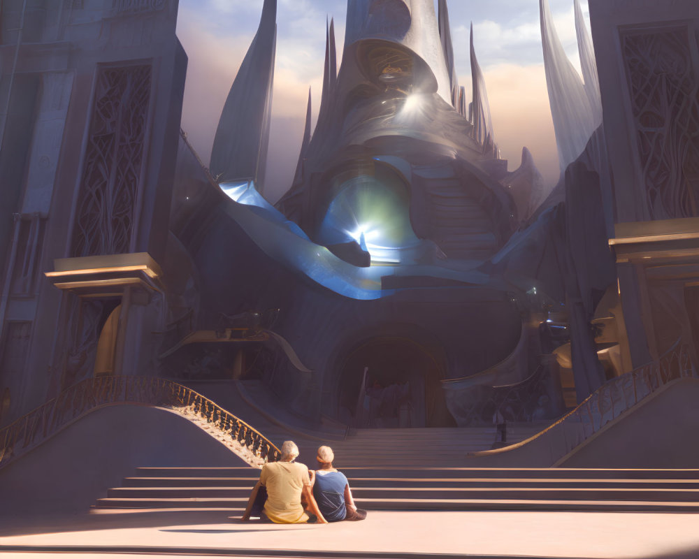 Two people sitting, looking at futuristic castle with spires