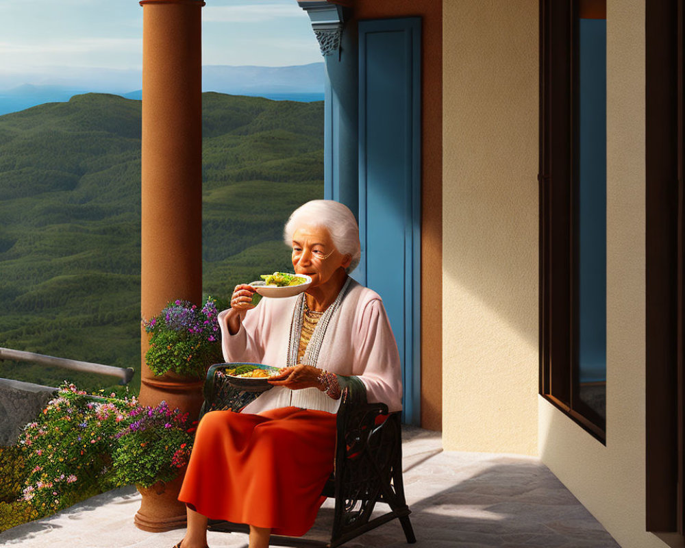 Elderly woman dining on balcony with mountain view