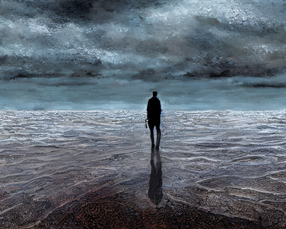 Solitary Figure on Reflective Surface Under Dramatic Sky