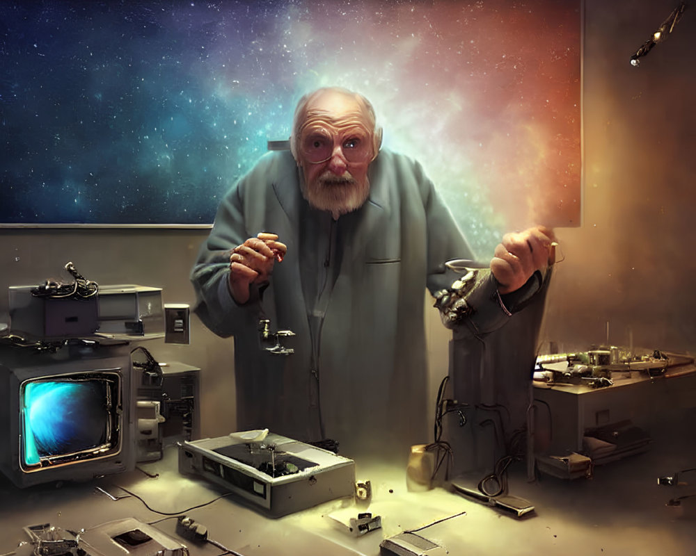 Elderly Man in Lab with Galaxy View Pointing Upwards