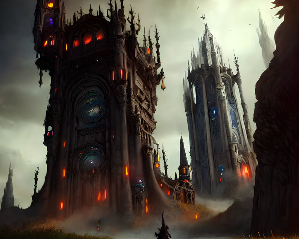 Gothic castle with purple lighting, towering spires, cloaked figure, red windows