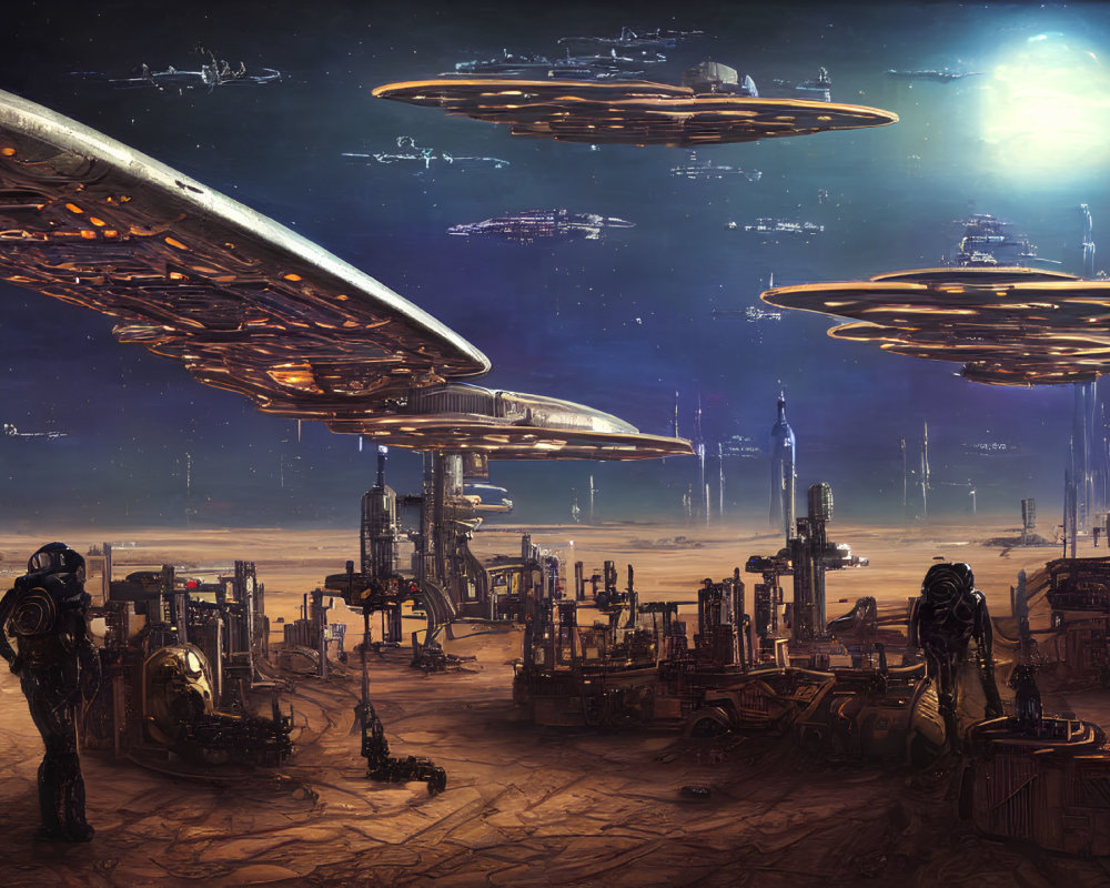 Futuristic Cityscape with Flying Saucers and Skyscrapers