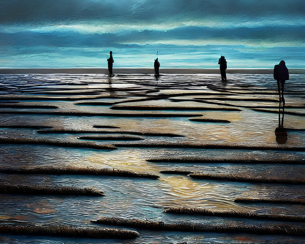 Three people walking on textured tidal flats under dramatic cloudy sky.