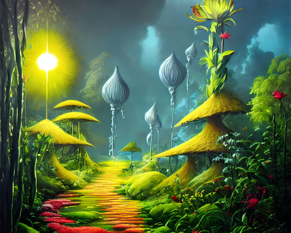 Fantastical Moonlit Path with Oversized Mushrooms and Luminescent Plants