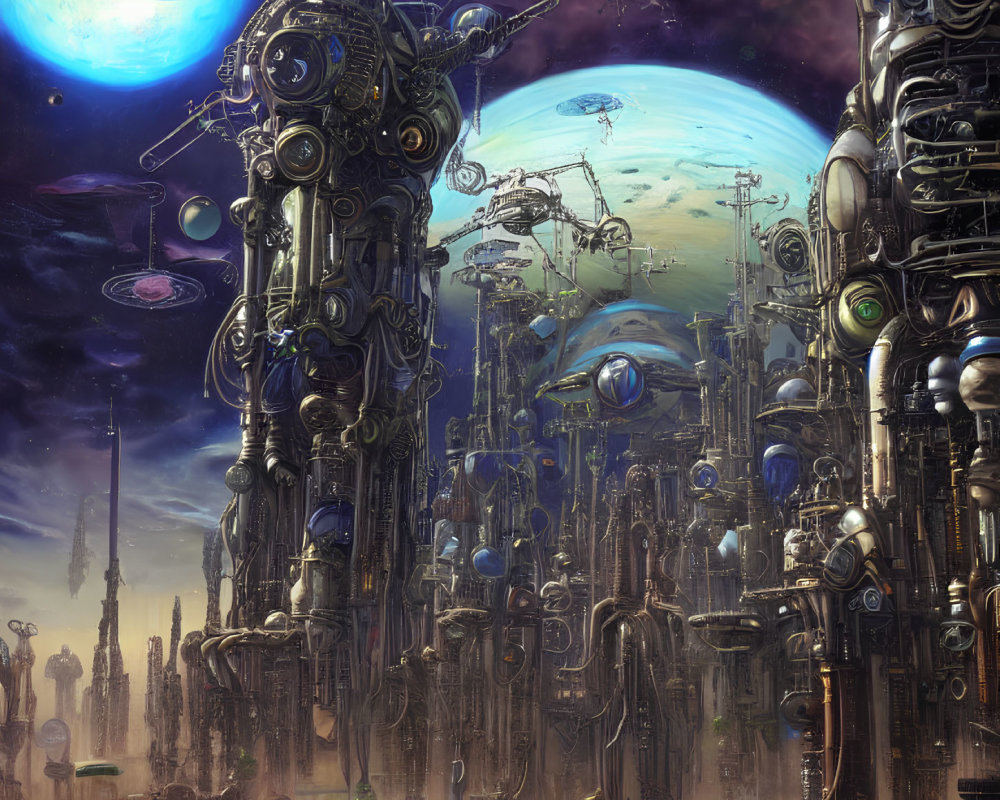 Futuristic cityscape with robotic structures and spacecraft under dual celestial bodies