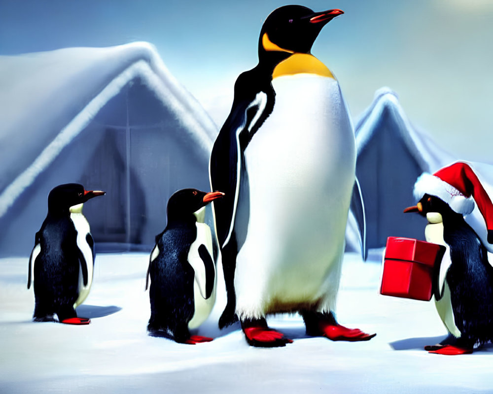 Cartoon penguins in snowy landscape with Santa hat and gift in holiday theme