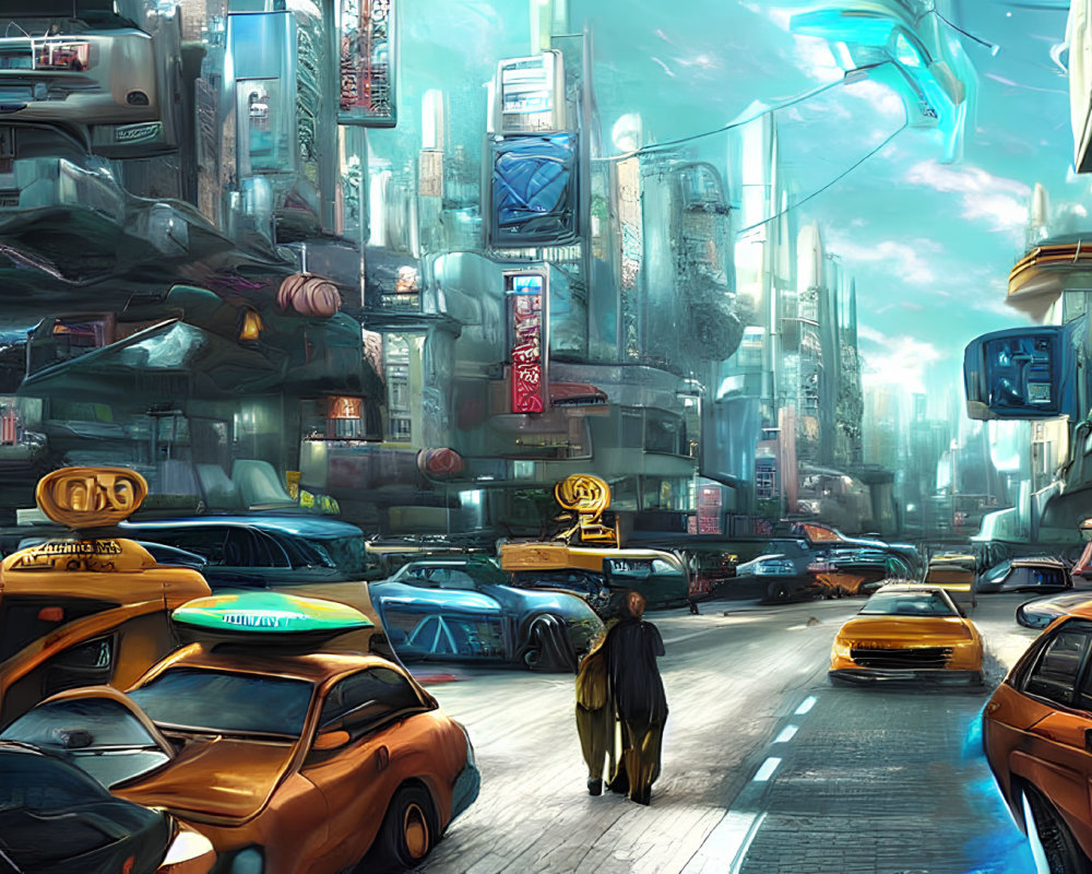 Vibrant futuristic cityscape with skyscrapers, neon signs, traffic, and lone figure