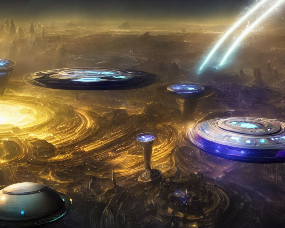 Futuristic cityscape with glowing disc-shaped structures and meteor in dusky sky