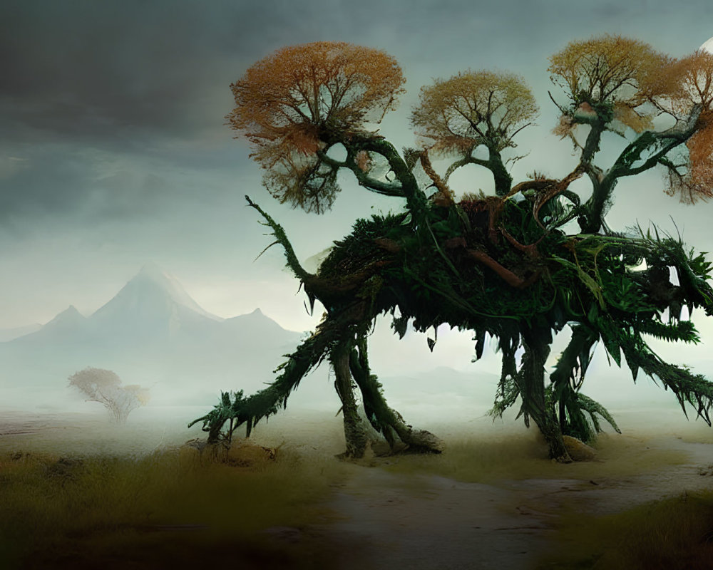 Giant walking tree creature in mystical moonlit landscape