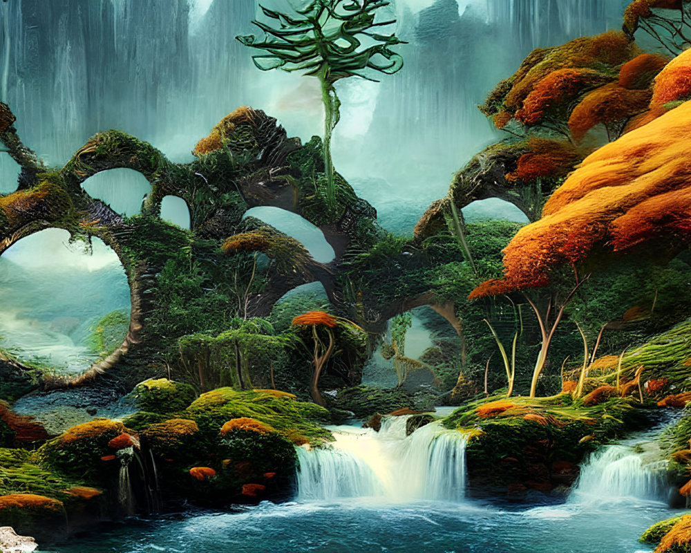 Vibrant Enchanted Forest with Stone Bridges and Waterfalls