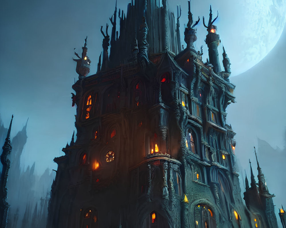 Gothic-style haunted house with luminous windows under full moon