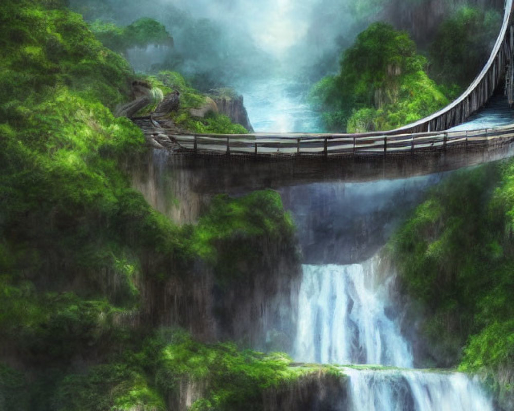 Mystical landscape with arched bridge over waterfall surrounded by lush greenery