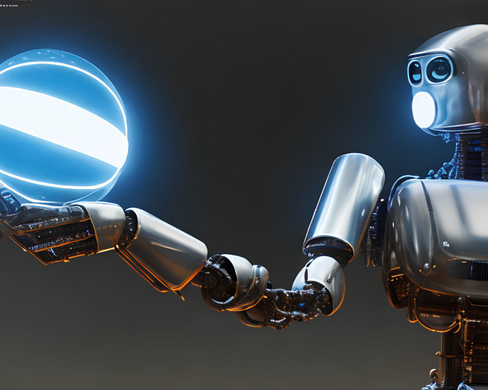 Futuristic robot holding glowing blue orb on dark background