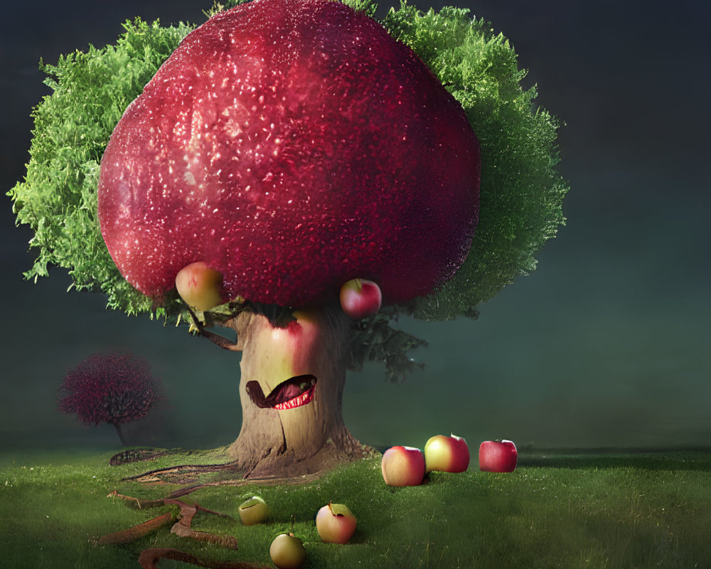 Illustration of whimsical tree with red apple canopy, face on trunk, scattered apples, in green