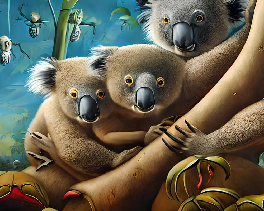 Three koalas hugging tree in whimsical forest with bamboo, parrots, and floating cash